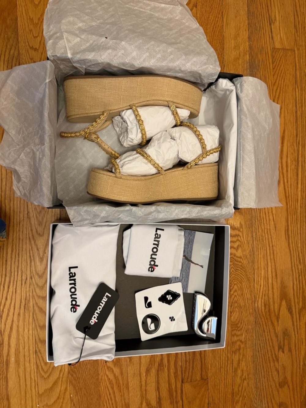 Larroudé “Gio Milanina” Platform Sandals — New in Box — Size 7.5 — Beige Raffia - Picture 2 of 10